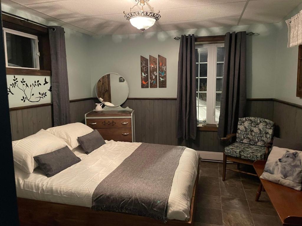 um quarto com uma cama, uma cadeira e um espelho em Hébergement La Belle Époque em Saint Come