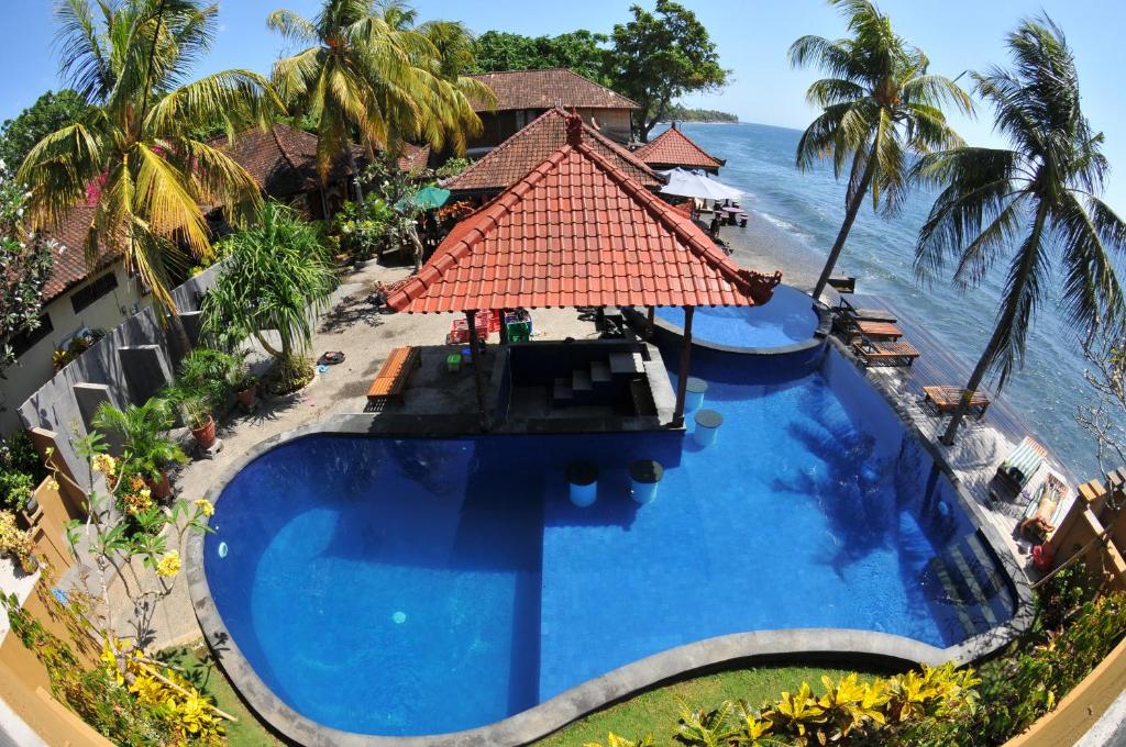 una vista aérea de la piscina del complejo con el océano en el fondo en Paradise Palm Beach Bungalows and Dive Center, en Tulamben