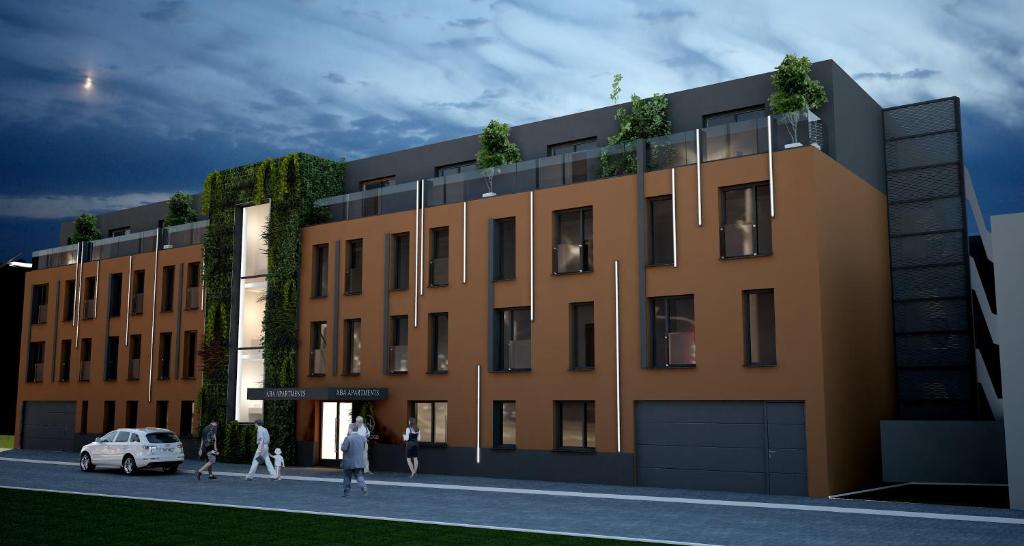a rendering of a building with people walking in front of it at ABA Apartments in Olomouc