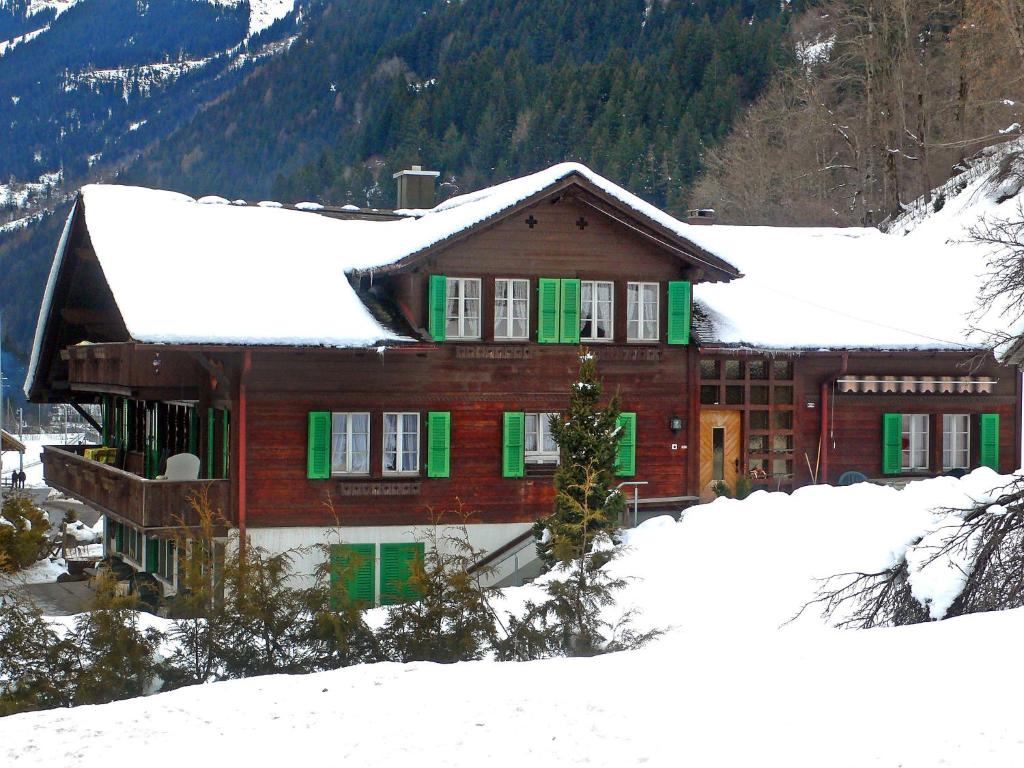 ein Holzhaus mit grünen Fensterläden im Schnee in der Unterkunft Apartment Schwendihus by Interhome in Grindelwald