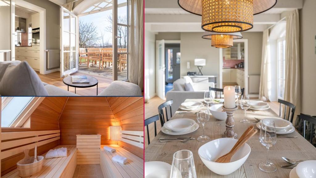 a dining room and living room with a table and chairs at Antonias Hüs in Midlum