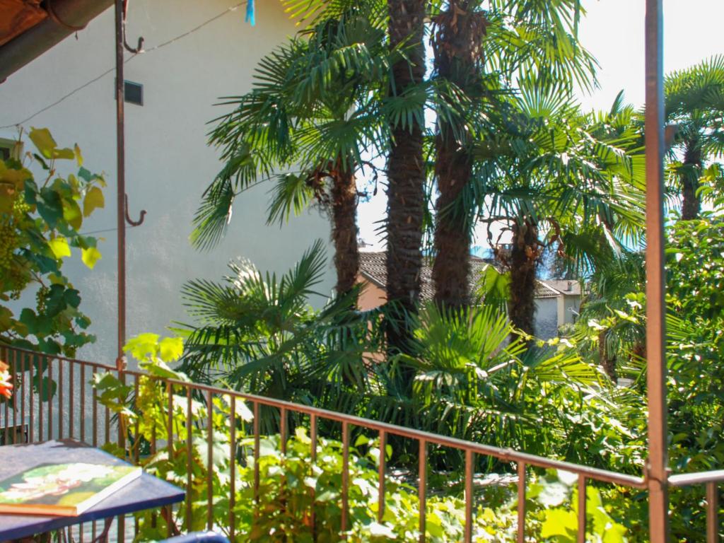 a balcony with palm trees and a fence at Holiday Home La Verzaschina by Interhome in Gordola