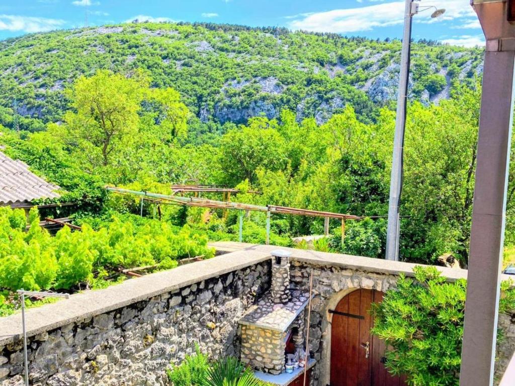 a house with a stone wall and a wooden door at Apartman Sara in Grižane