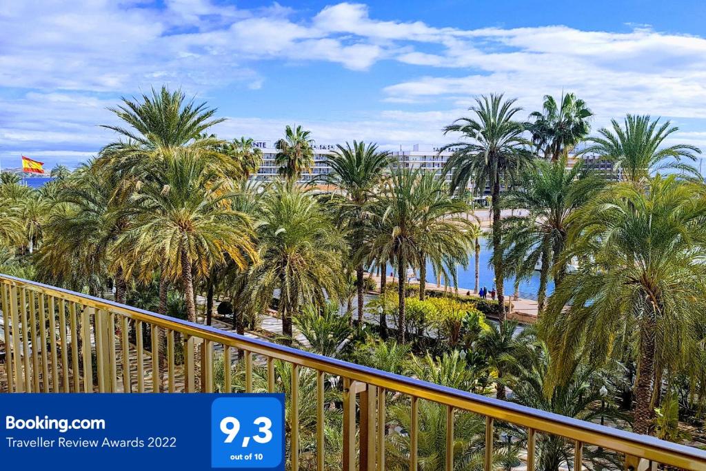 Port-Beach Alicante 2 في أليكانتي: اطلالة على شاطئ فيه نخل