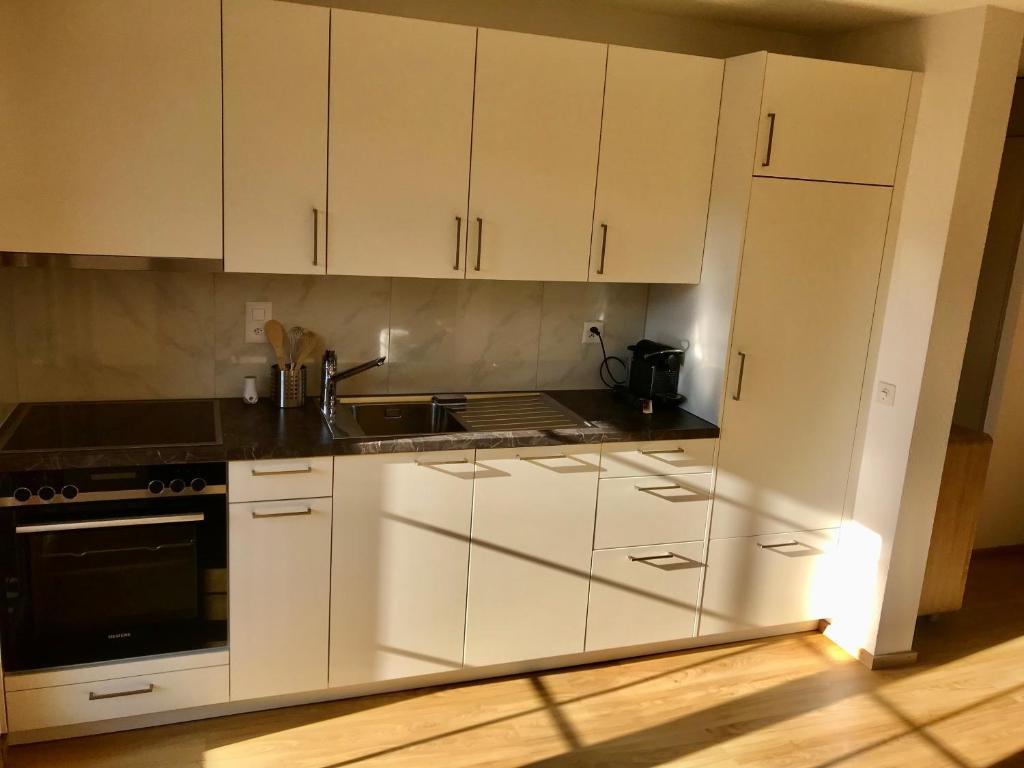 Kuchyň nebo kuchyňský kout v ubytování Appartement 53m2 rénové dans un chalet au coeur de Charmey avec vue sur les montagnes