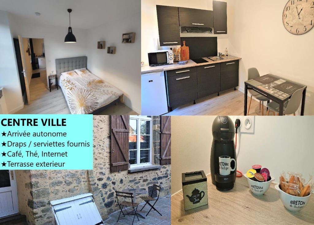 uma colagem de fotos de uma cozinha e uma sala de estar em Appartement T2 "Le Cocoön" rez-de-jardin au calme em Vitré