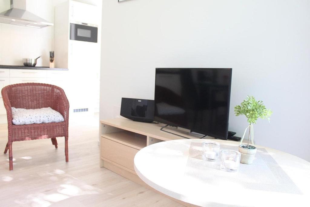 a living room with a television and a chair at L5 - Ferienanlage Lindenstraße 1 - FERIENDOMIZIL HOLLICH in Grömitz