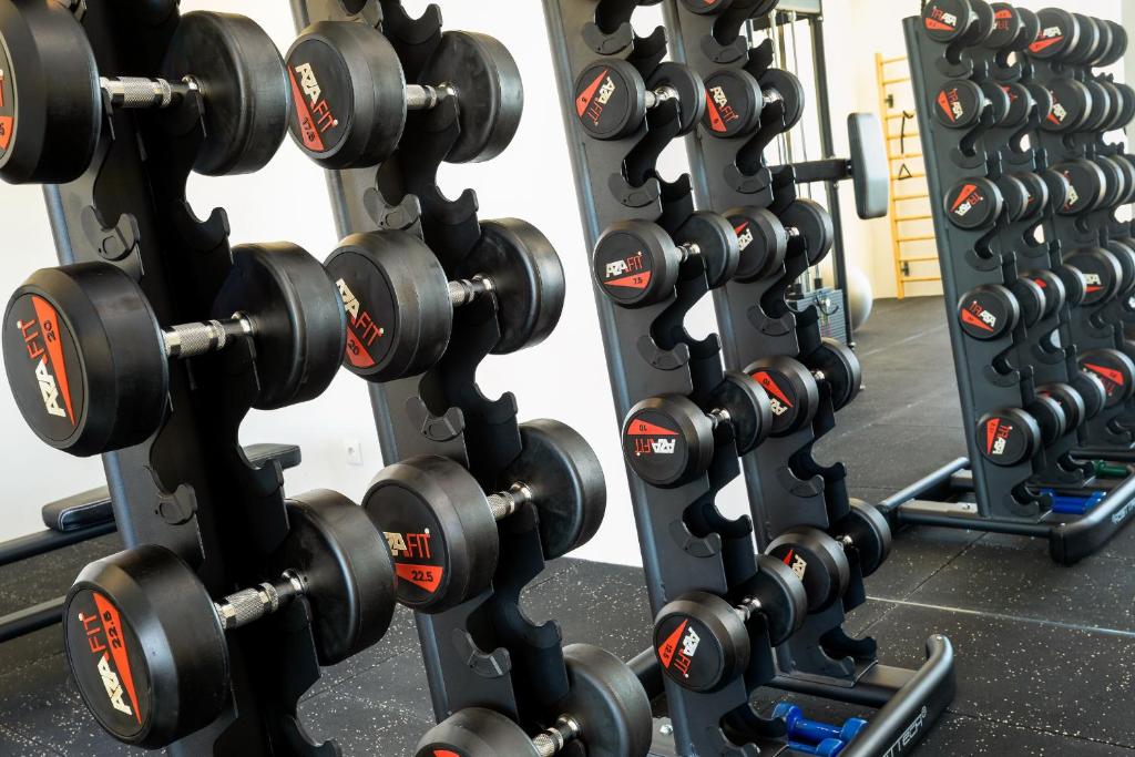 a row of dumbbells in a gym at Caneiros Luxury House & Suites in Ferragudo