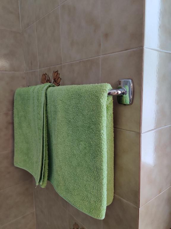 dwa zielone ręczniki wiszące na wieszaku na ręczniki pod prysznicem w obiekcie Lärchenheim w mieście Obereggen