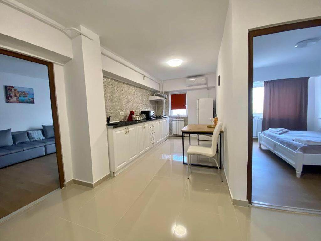 Cet appartement comprend une chambre avec un lit et une cuisine avec une table. dans l'établissement Fabian Apart, à Tulcea