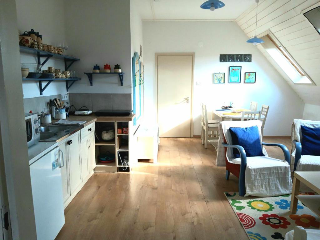 cocina con fregadero y mesa en una habitación en Alba-Ház apartman, en Zalakaros