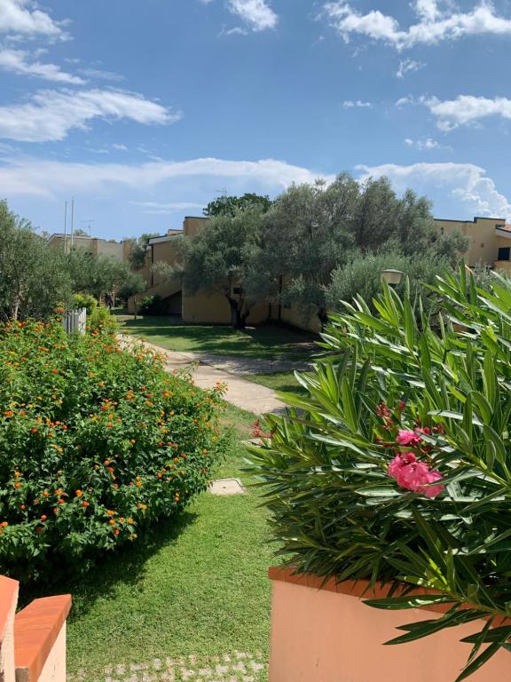 un jardin avec des fleurs et des plantes dans une cour dans l'établissement Brezza marina, à SantʼAndrea Apostolo dello Ionio