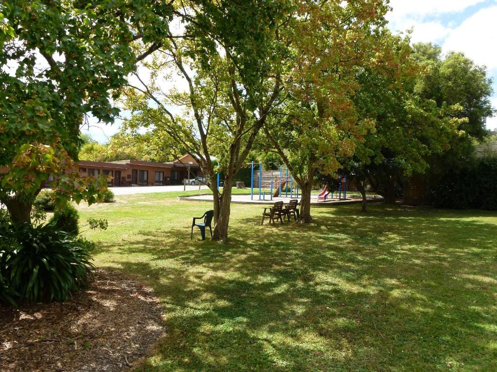 Healesville Motor Inn في هيلسفيل: حديقة بها مقاعد وأشجار في العشب