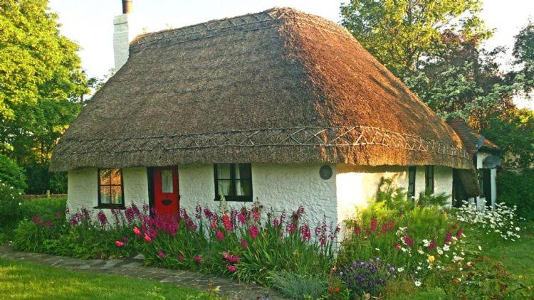 a small house with a thatch roof with flowers at Rose Cottage, Middleton in Middleton-on-Sea