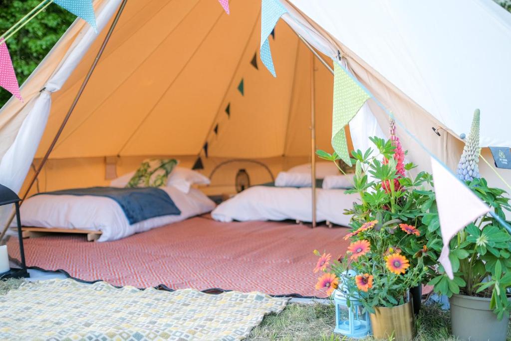 two beds in a tent with plants and flowers at Glamping at Hay Festival in Hay-on-Wye