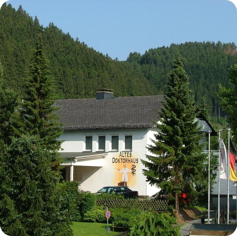 a large white building with a sign on it at Altes Doktorhaus - Hotel Garni in Willingen
