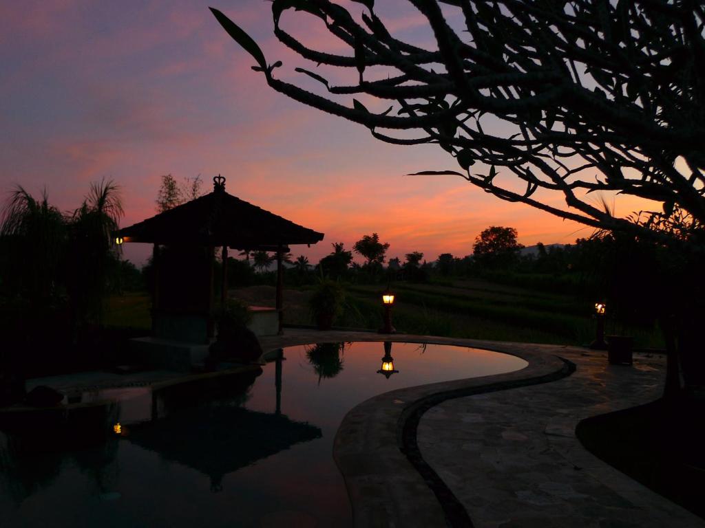 a sunset over a swimming pool in a yard at Cabé Bali in Jasri