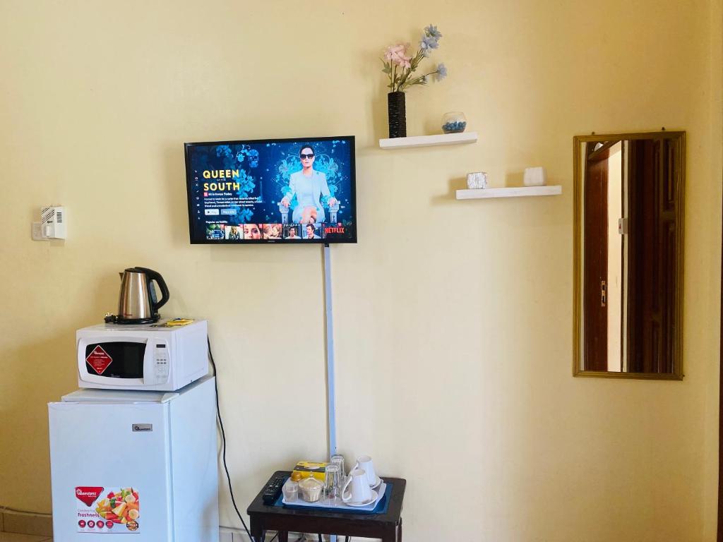 モンバサにあるDala Studio - Beach Roadの冷蔵庫の上にテレビが設置されています。