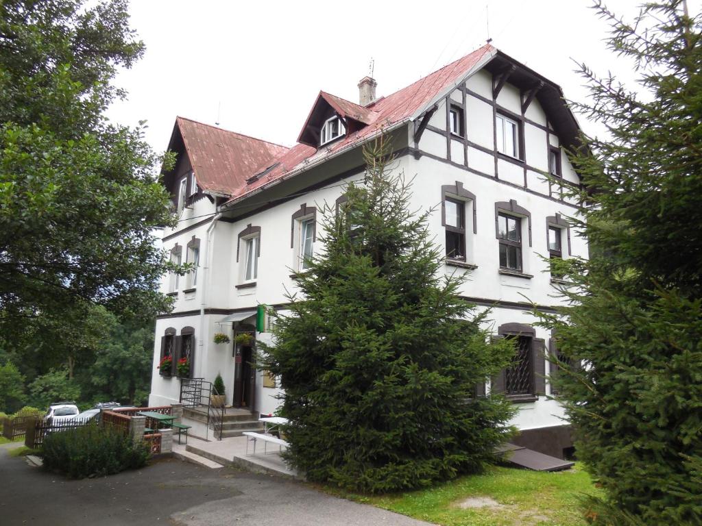 Biały dom z drzewem przed nim w obiekcie Penzion Braun w mieście Rybniště
