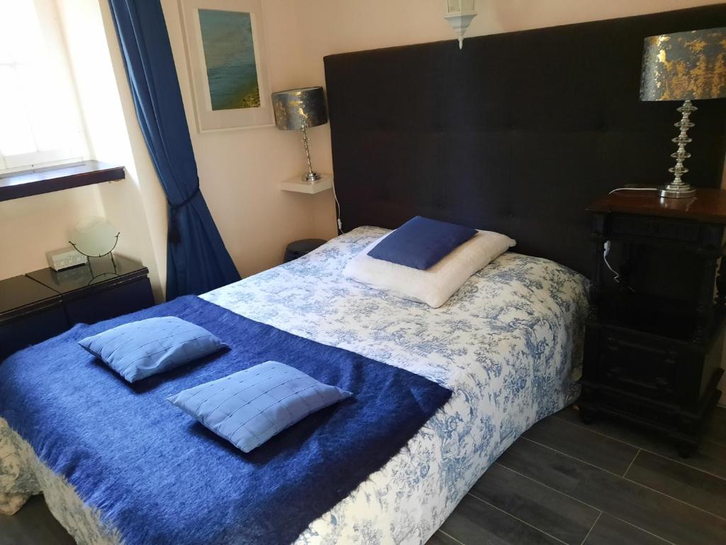 1 dormitorio con 1 cama con 2 almohadas en Appartement de charme sur le Port de Marseillan, en Marseillan