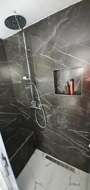 a shower in a bathroom with a black marble wall at Sea side apartment in Kotor