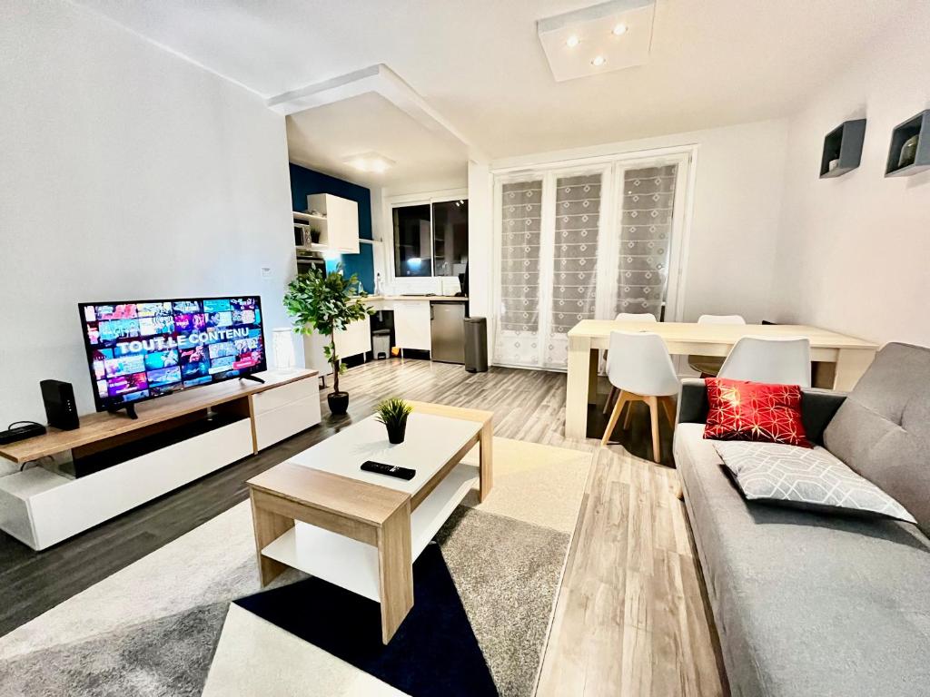 een woonkamer met een bank, een tv en een tafel bij Appartement de charme T2 au coeur de Bourges in Bourges