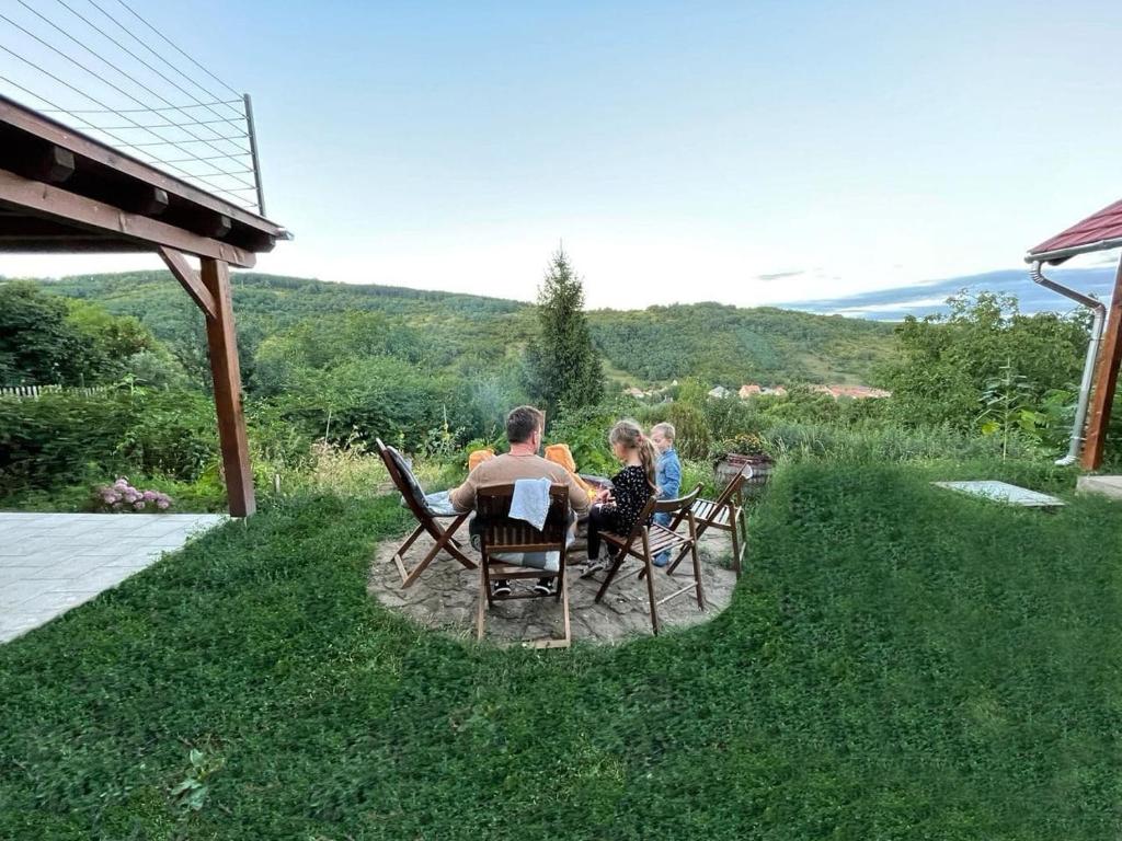 a group of people sitting at a table in the grass at Napkert Apartman in Noszvaj