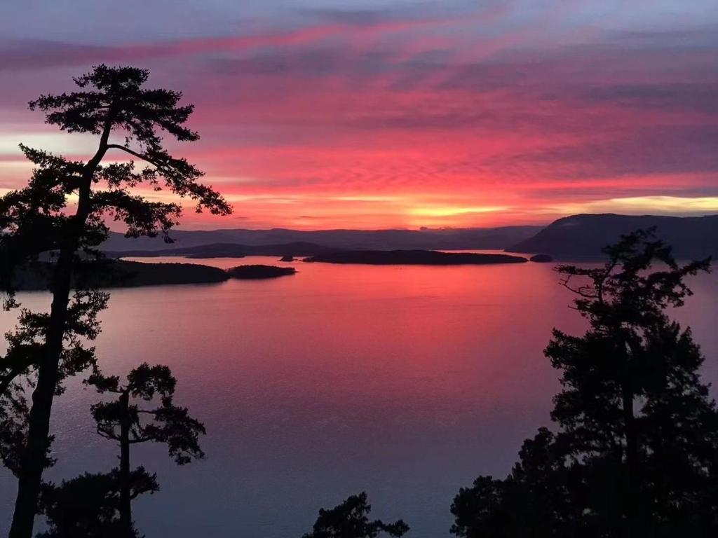 una puesta de sol sobre un cuerpo de agua con árboles en Shangri-La Oceanfront vacation home, en Pender Island