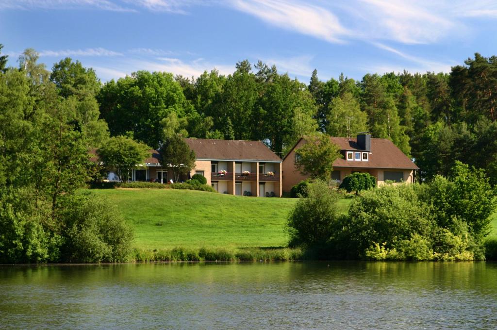 a house on a hill next to a lake at Pension am Hardausee in Suderburg