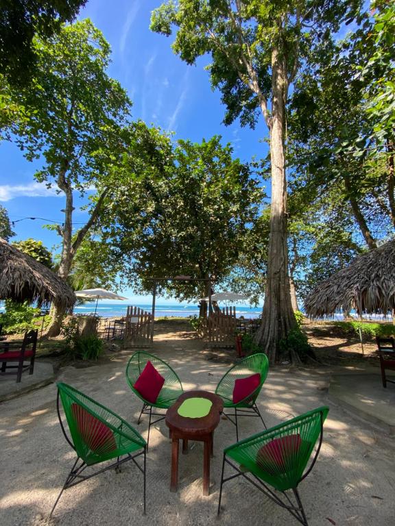 a group of chairs and a table in front of the beach at AmimodoBeachRooms in Puerto Viejo