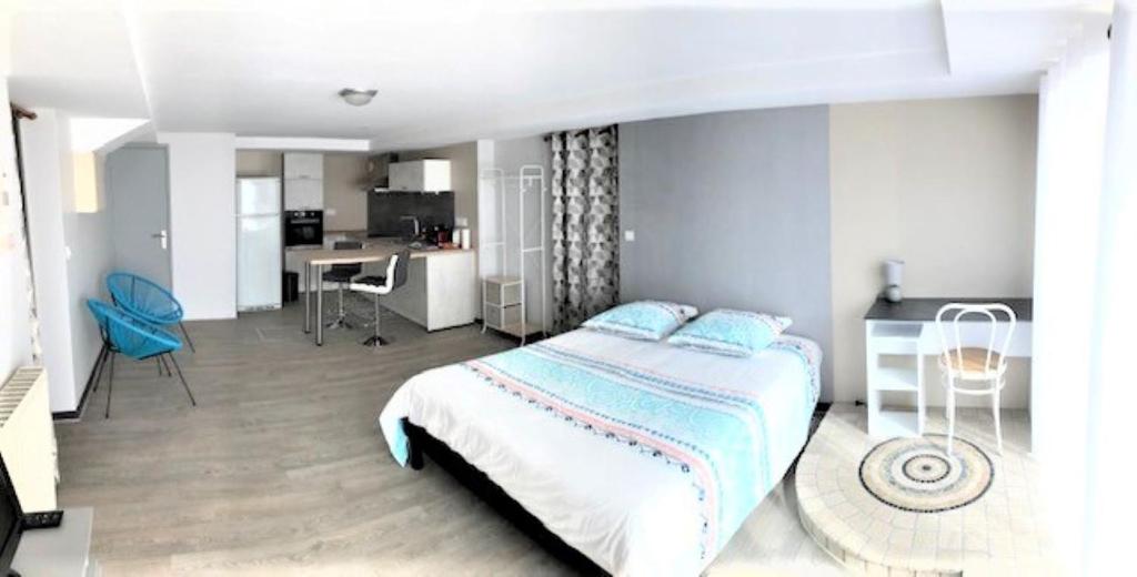 1 dormitorio con 1 cama grande y cocina en Studio indépendant avec entrée privée, en Saint-Jean-de-Muzols