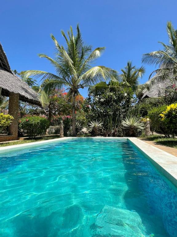 a swimming pool with blue water and palm trees at Villa Isla del Amore in Watamu