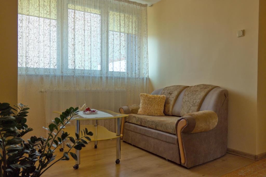 salon z kanapą i stołem w obiekcie Estate I Apartamentai w mieście Birsztany