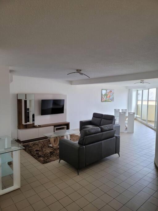 een woonkamer met een bank en een flatscreen-tv bij Hello Guyane (7), Grand Appartement Prestigieux F3 in Cayenne