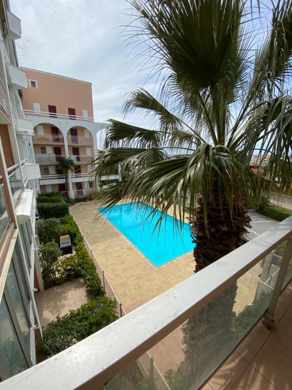 - un balcon avec un palmier offrant une vue sur la piscine dans l'établissement Studio Sète vue sur l’étang de Thau, à Sète