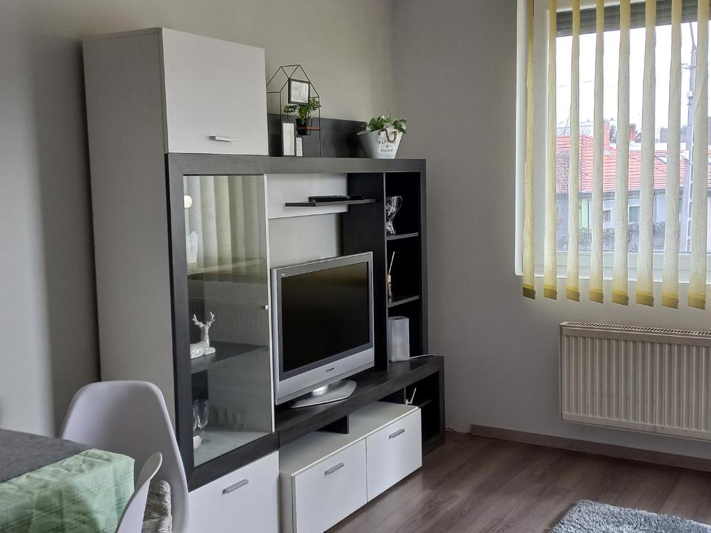 a living room with a entertainment center with a television at Berik Apartman in Pécs