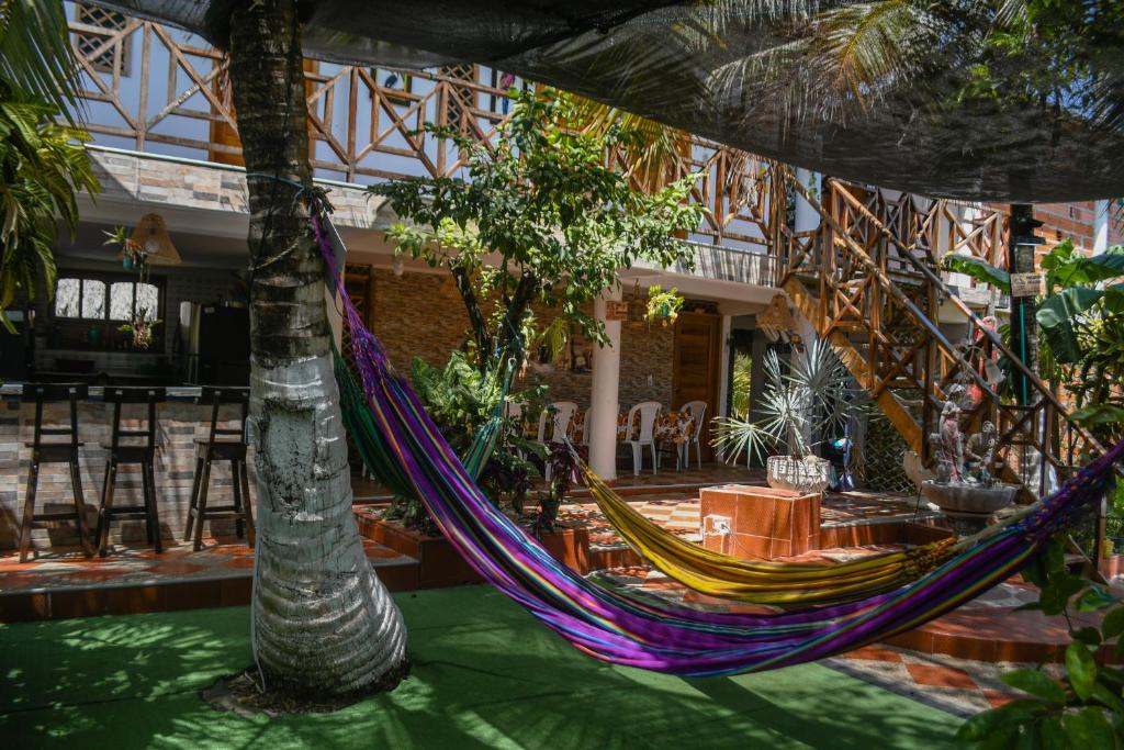 Puerto Limón的住宿－L' Europe，庭院里棕榈树上的吊床
