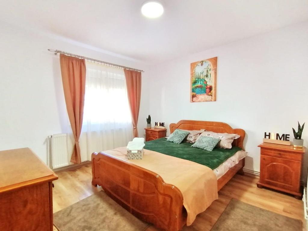 ein Schlafzimmer mit einem großen Bett und einem Fenster in der Unterkunft Apartament Cetate in Alba Iulia