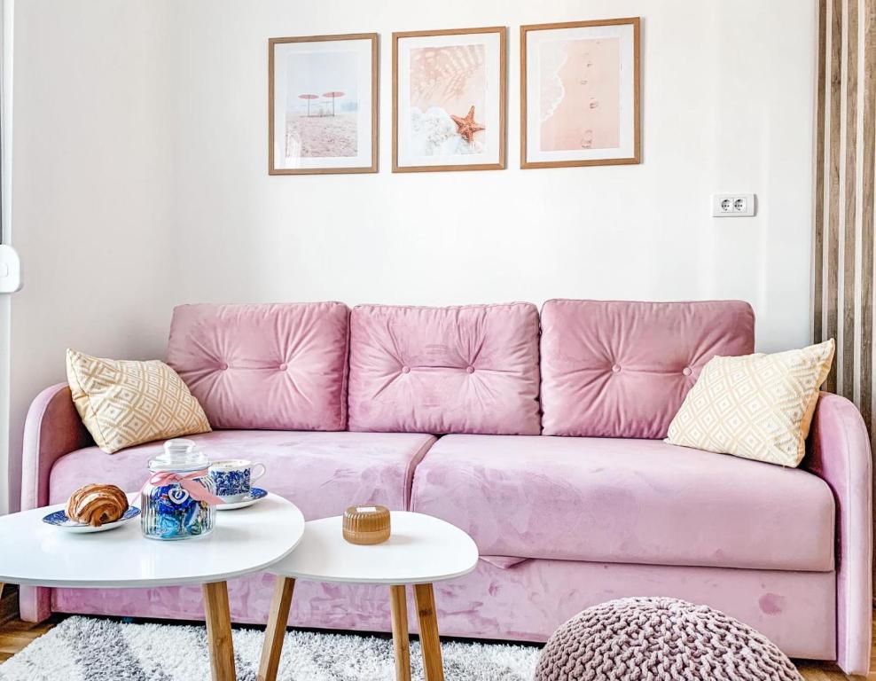 een roze bank in een woonkamer met een tafel bij Apartment Atria II in Vrnjačka Banja