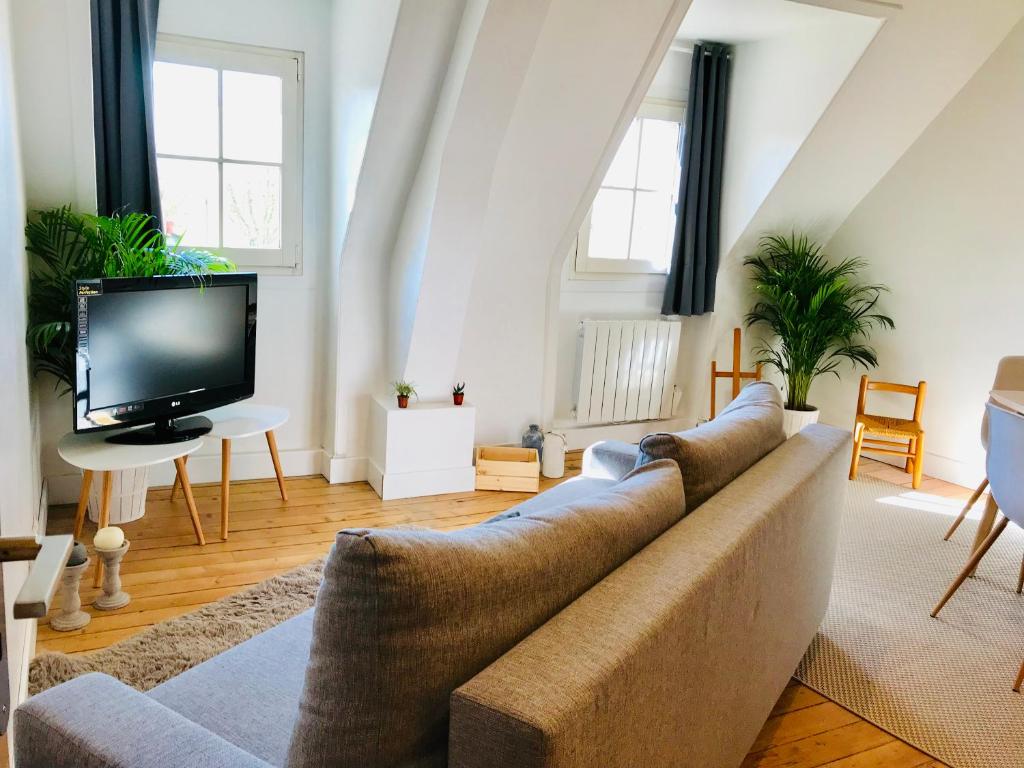 un salon avec un canapé et une télévision dans l'établissement APPARTEMENT 4/6p Haut Standing / Centre ville CAEN, à Caen