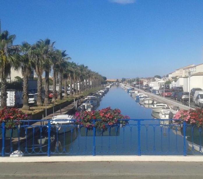 a view of a canal with boats and palm trees at Les Lamparos in Palavas-les-Flots