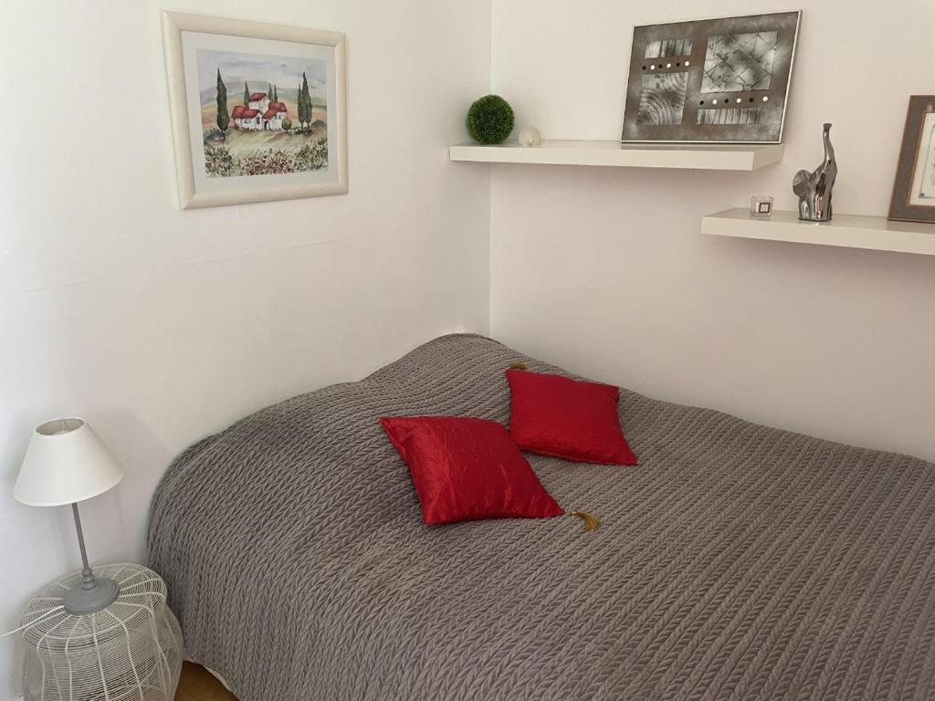 a bedroom with a bed with two red pillows at Gite du SERAYOL in Morlhon-le-Haut