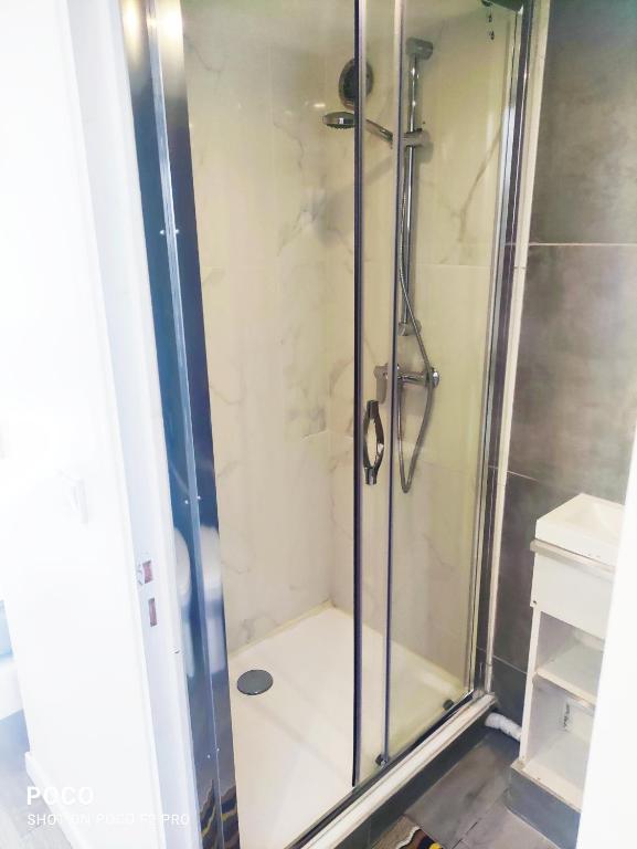 eine Dusche mit Glastür im Bad in der Unterkunft PICO STUDIOS in Choisy-le-Roi