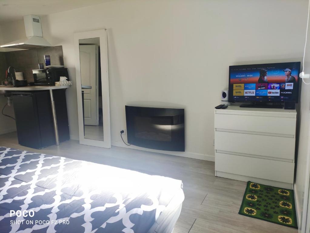 Zimmer mit einem Bett und einem TV. in der Unterkunft PICO STUDIOS in Choisy-le-Roi