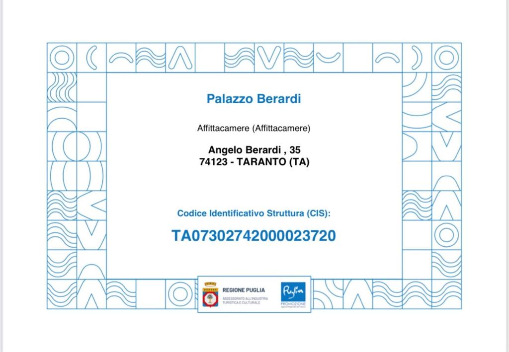 Palazzo Berardi tanúsítványa, márkajelzése vagy díja