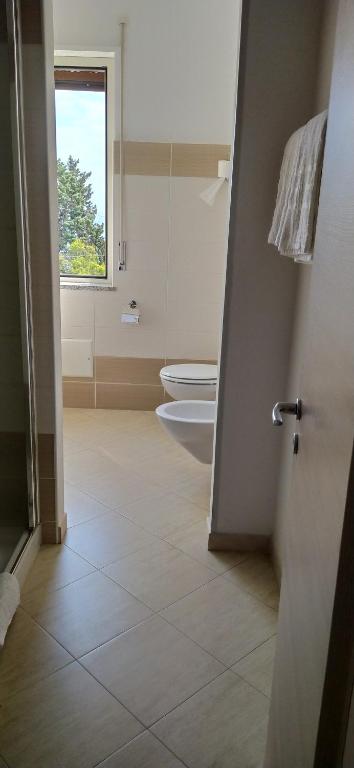 a bathroom with a toilet and a window at Hotel Conca d'Oro in Stalettì