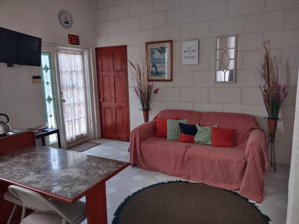 a living room with a couch and a table at David's Place in Christ Church