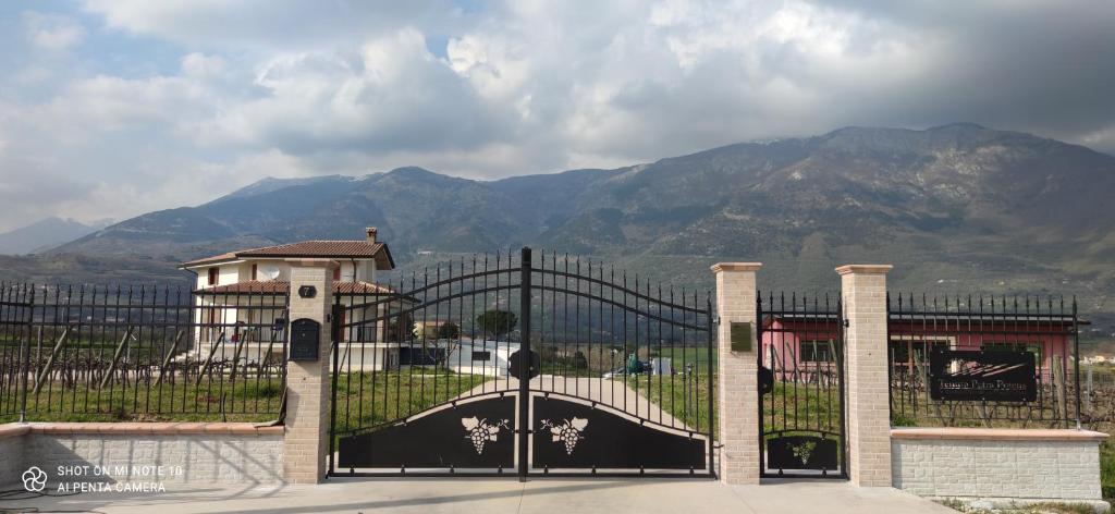 una puerta negra con una montaña en el fondo en Vigna al Parco, en Alvito