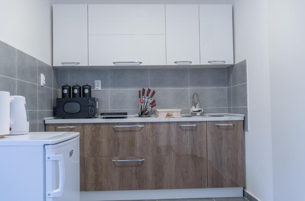 a kitchen with wooden cabinets and a sink at Gerardus Apartmani in Vršac