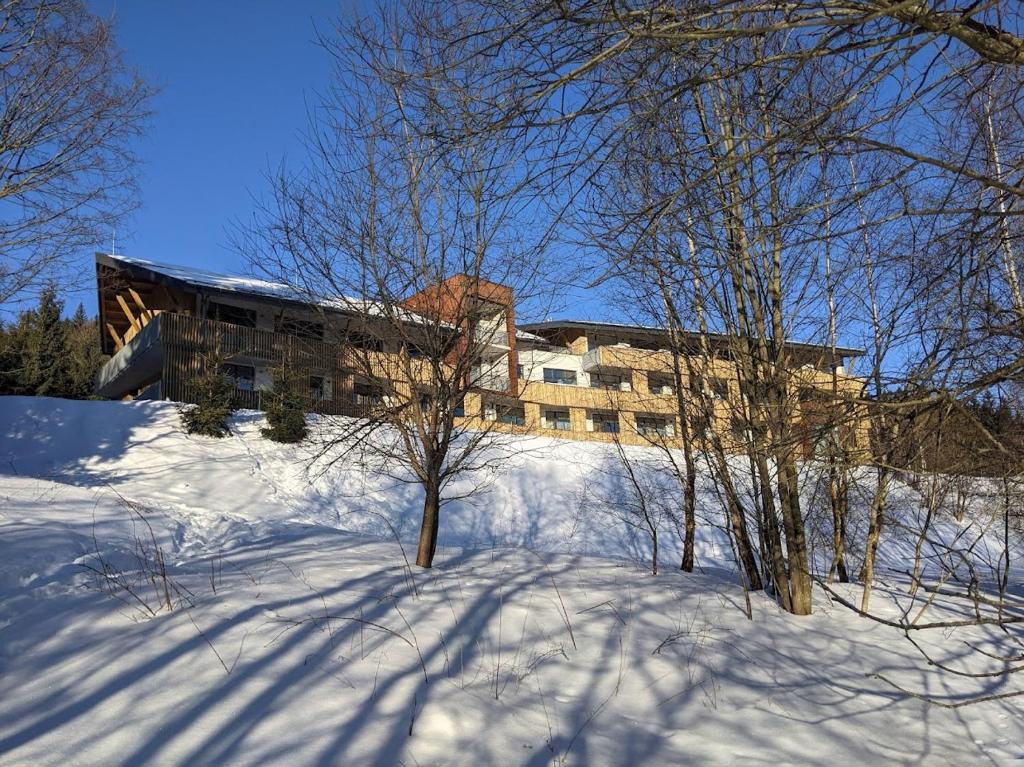 a building on top of a snow covered hill with trees at Zadov - Apartmán Srdce Šumavy in Stachy